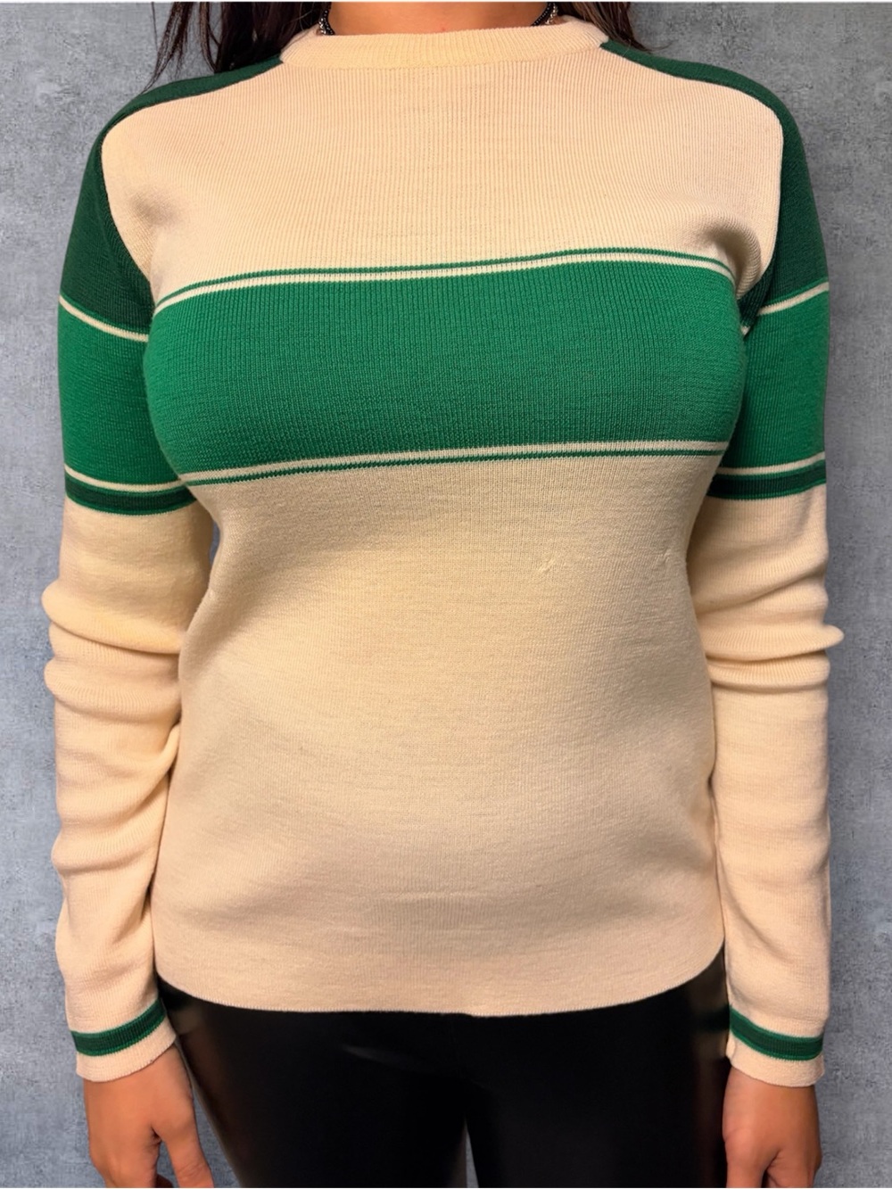 Cream & Green Striped Crewneck Sweater - Classic Fit